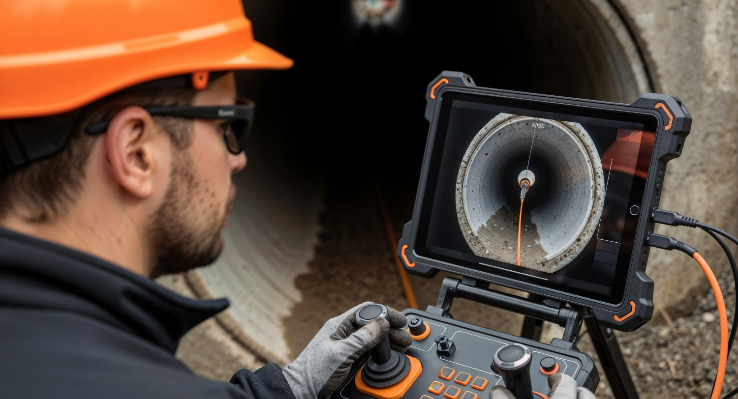 Professional plumber using CCTV drain camera for pipe inspection in George.